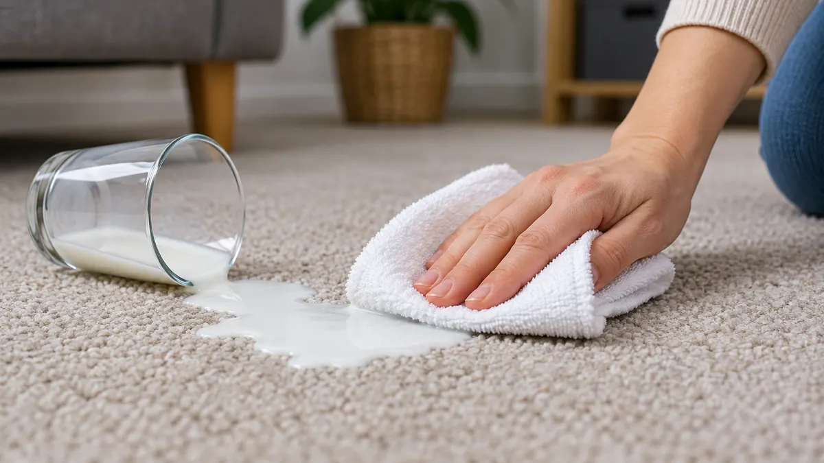 How to Get Milk Out of Carpet and Remove the Smell 3 Clean white towels blotting a fresh milk spill from a beige carpet without rubbing.