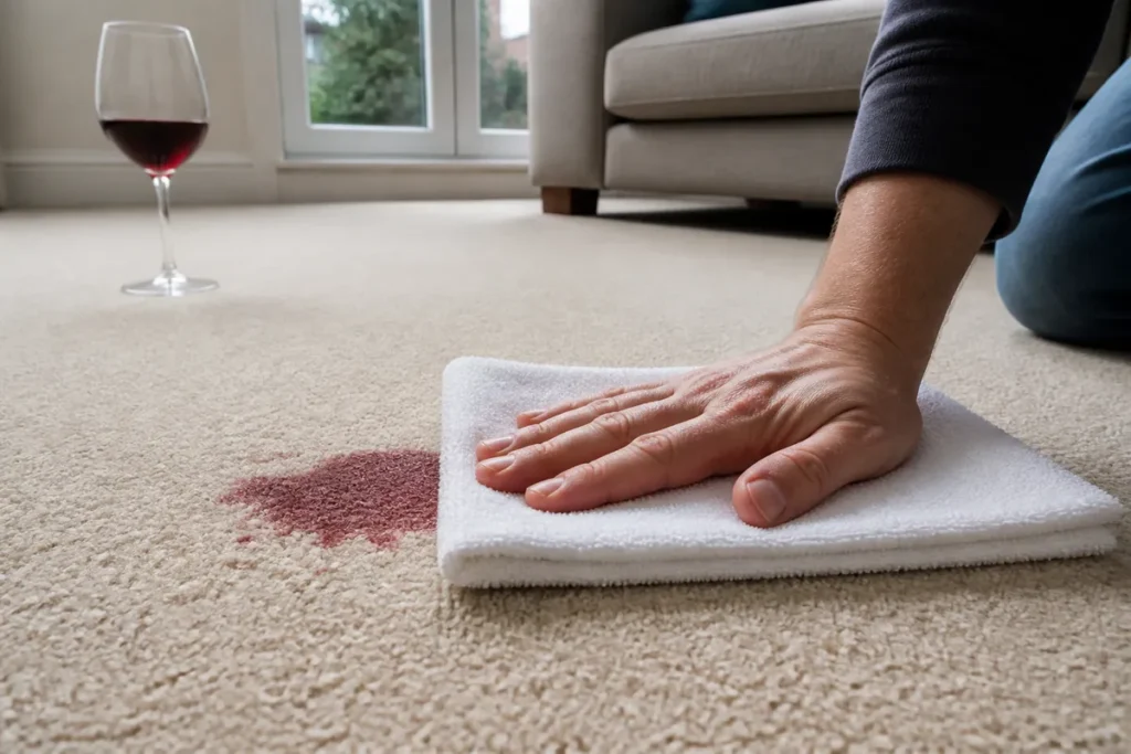 A Step-by-Step Guide to Getting Red Wine Out of Carpets 6 Flat white towel blotting a fresh red wine stain on beige carpet without rubbing