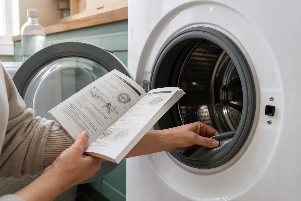 8 Household Items You Should Never Clean with Vinegar 4 A person checking a washing machine care manual while inspecting the rubber door seal before cleaning.