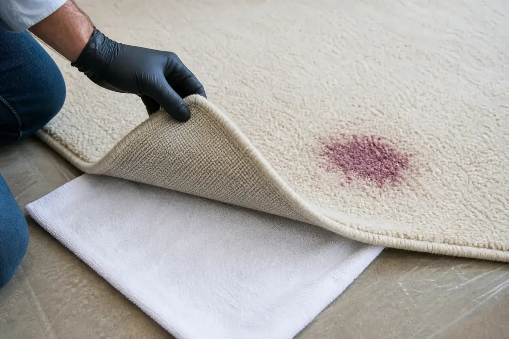A Step-by-Step Guide to Getting Red Wine Out of Carpets 8 Checking a rug backing and protecting the floor beneath a dried red wine stain