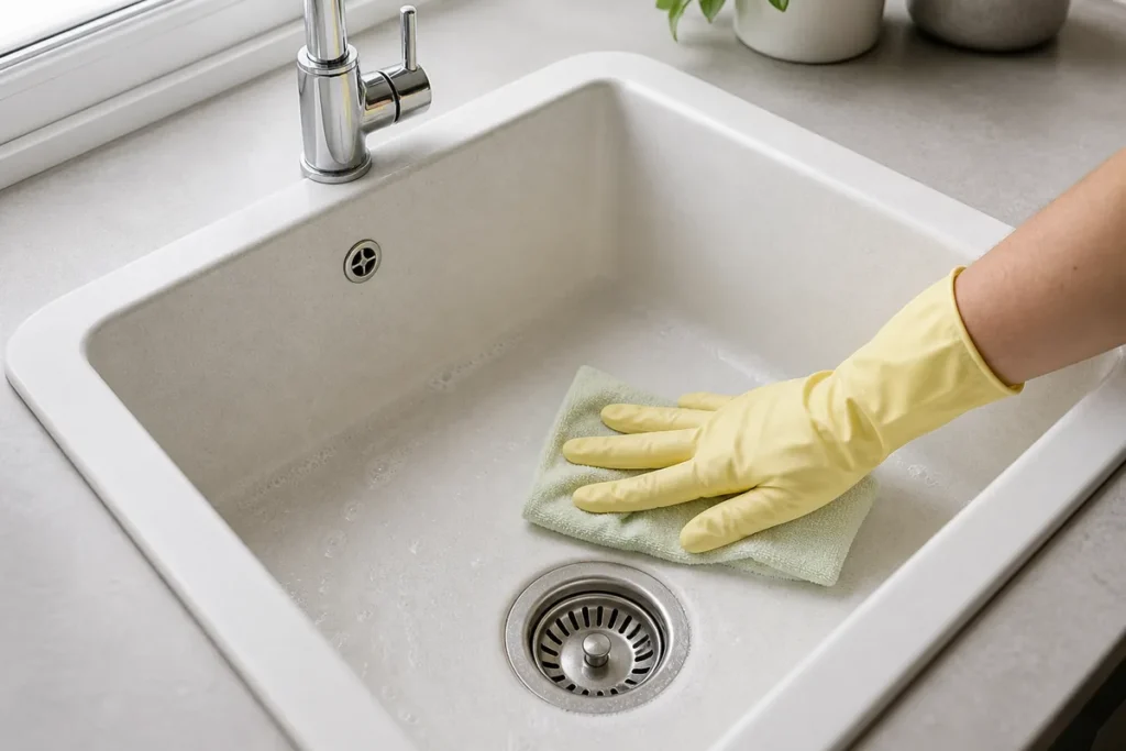 How to Clean a White Composite Sink the Right Way 4 Gloved hand cleaning a white composite sink with warm soapy water and a microfibre cloth