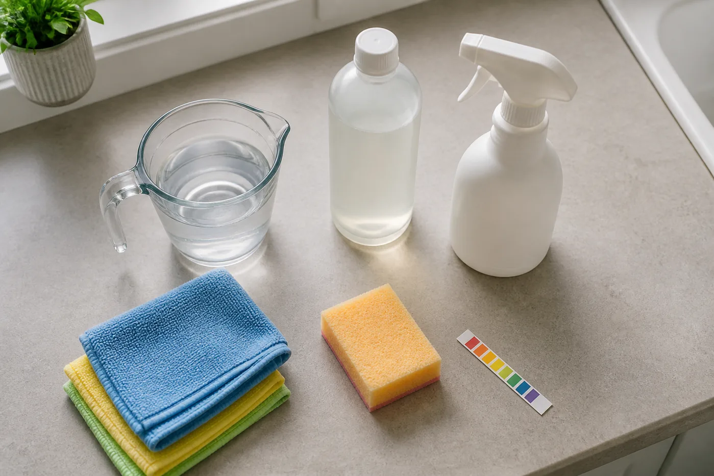 The Science of Cleaning: Understanding How Cleaning Products Work 3 Separate cleaning products, water, cloths, sponge and pH strip on a worktop