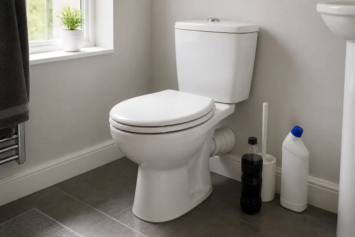 Can You Use Coke for Cleaning Toilets? 3 Unopened bottle of dark cola beside a UK toilet, toilet brush and labelled cleaner