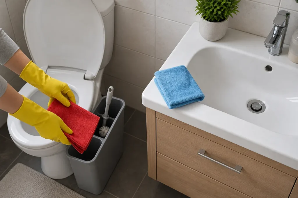 How to Clean Your Bathroom (Quickly) 5 Separate red and blue microfibre cloths for toilet and basin cleaning