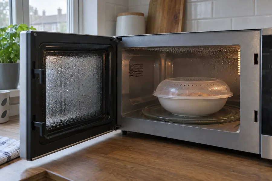 Microwave Oven Condensation and How to Deal with It 3 Condensation droplets inside an open microwave after heating covered food
