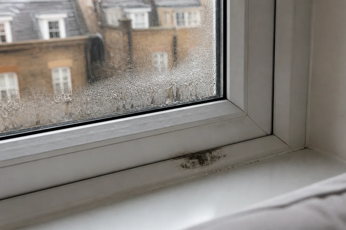 How to Remove Mould from Your Window Sills for Good 4 Condensation droplets and a small patch of mould on a white uPVC window frame
