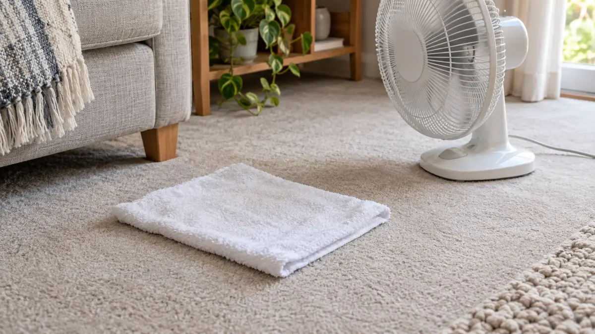 How to Get Milk Out of Carpet and Remove the Smell 4 Treated carpet drying with a clean towel and a fan after a milk spill.
