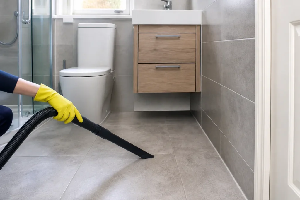 How to Clean Your Bathroom (Quickly) 4 Cleaner vacuuming a dry bathroom floor before wet cleaning