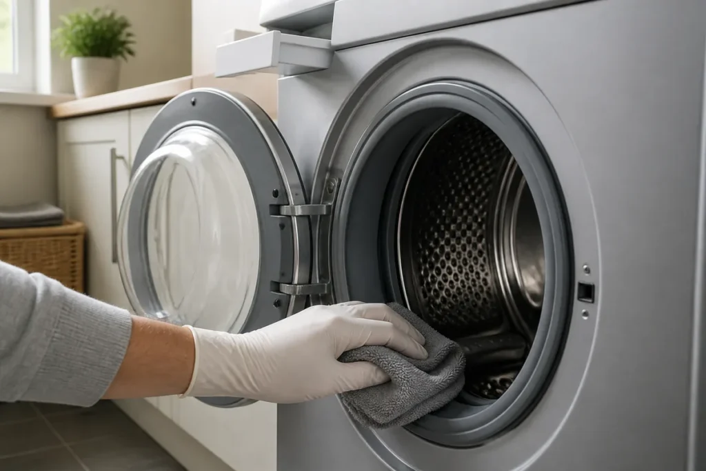 A Complete Guide to Cleaning Your Washing Machine’s Rubber Seal 6 Clean microfibre cloth drying the lower folds of a washing-machine door seal