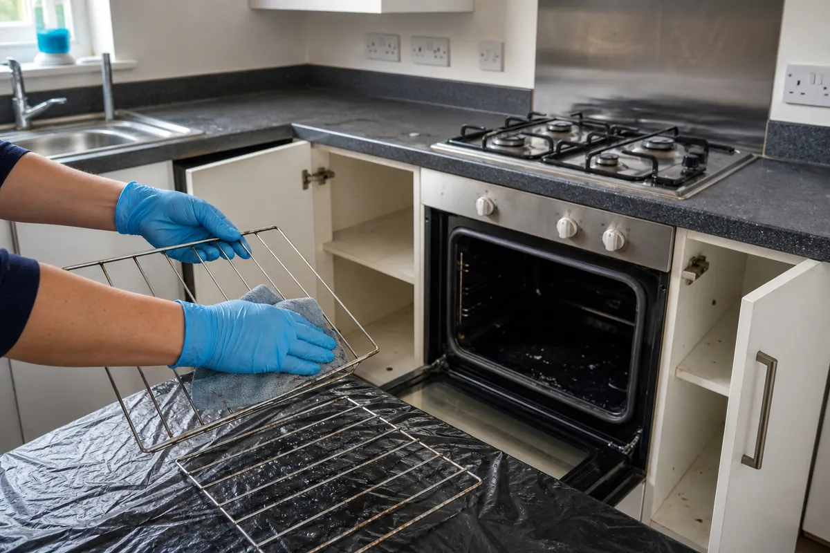 How Long Does End of Tenancy Cleaning in London Really Take? 5 End of tenancy kitchen cleaning with oven racks and cupboards open