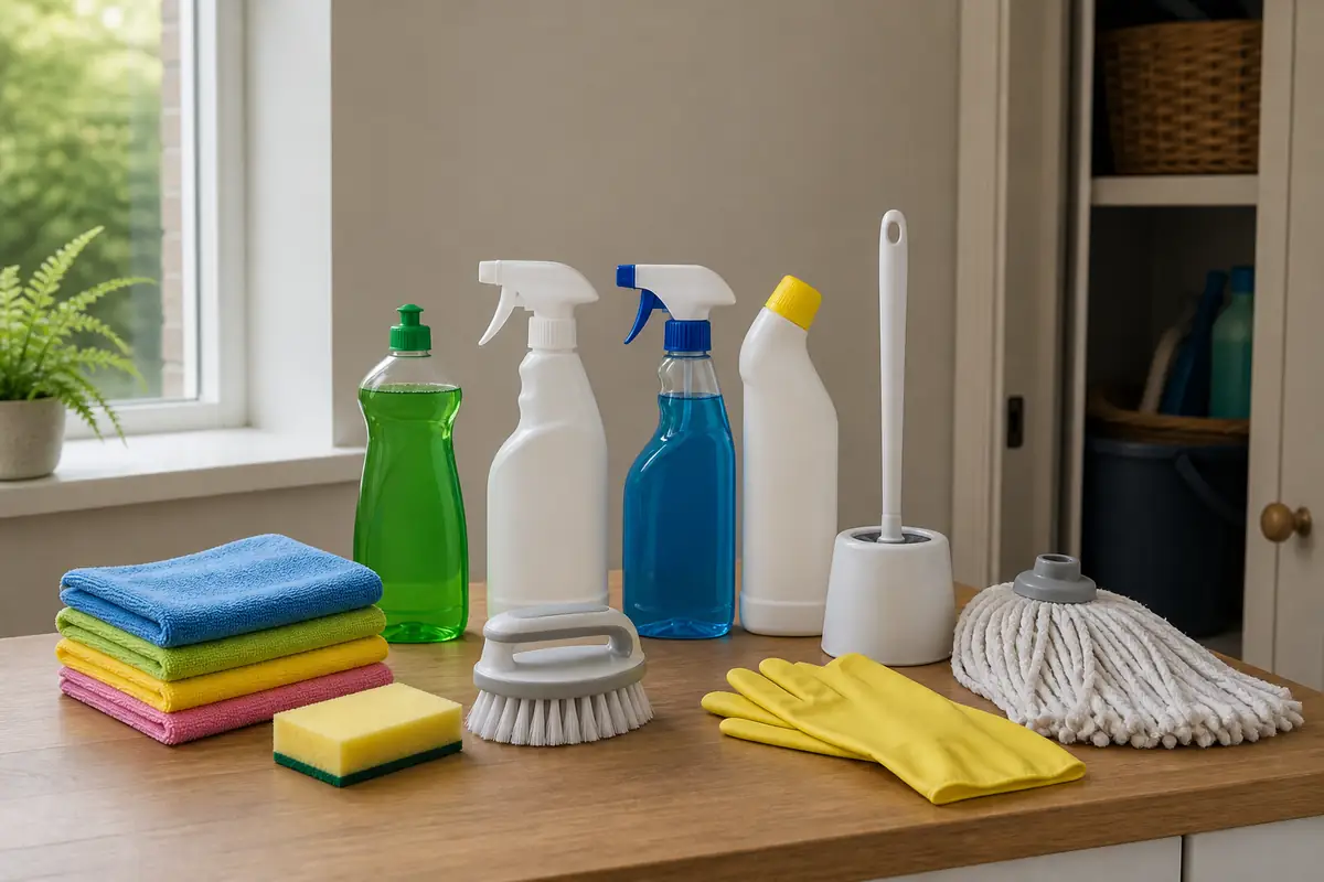 Essential Cleaning Products for Every Room in the House 3 Small unbranded home cleaning kit with cloths, brushes, gloves, mop and four closed bottles