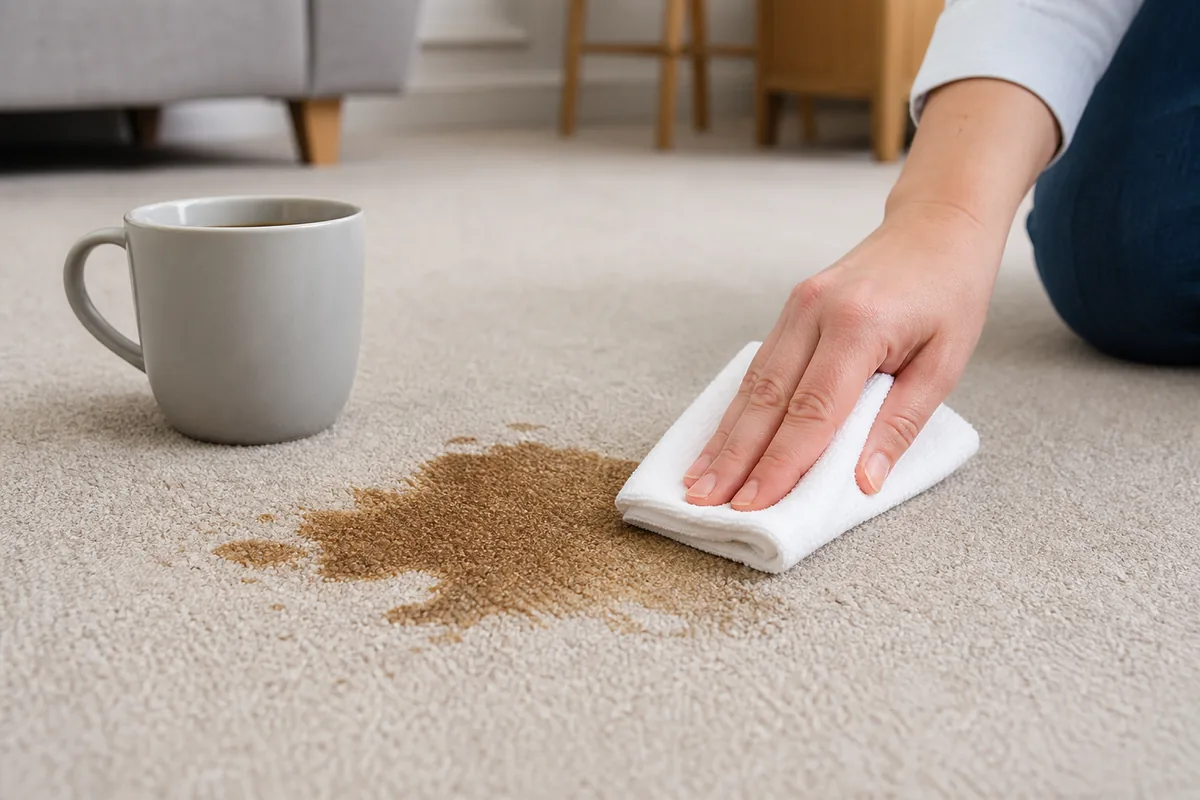 How to Remove Tea and Coffee Stains from Your Carpet 4 Fresh coffee spill being blotted from a beige carpet with a white cloth