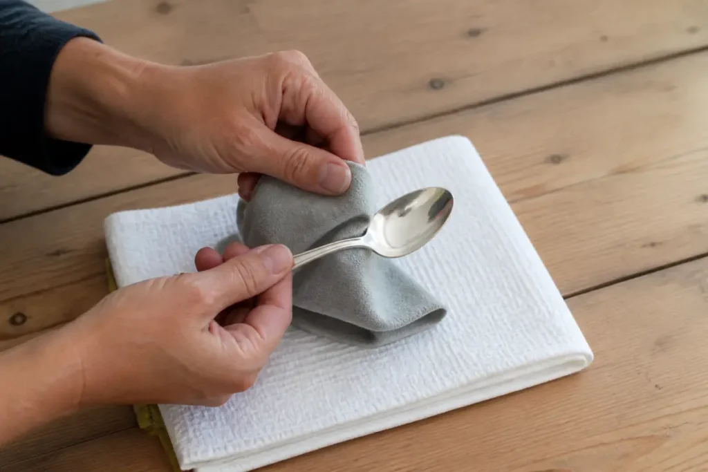 10 Easy Ways to Clean Silver at Home Without Scratching it 6 Hands gently buffing a plain silver teaspoon with a soft polishing cloth