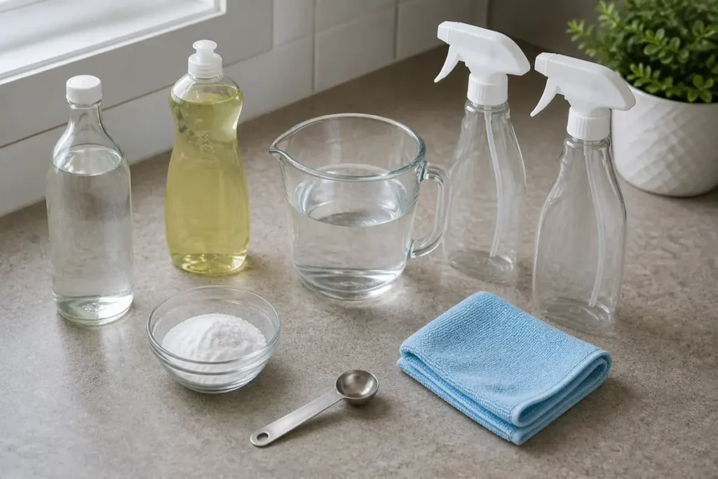 Do Homemade Cleaning Products Really Work? 4 Separate vinegar, bicarbonate of soda, washing-up liquid, water and empty spray bottles on a kitchen worktop