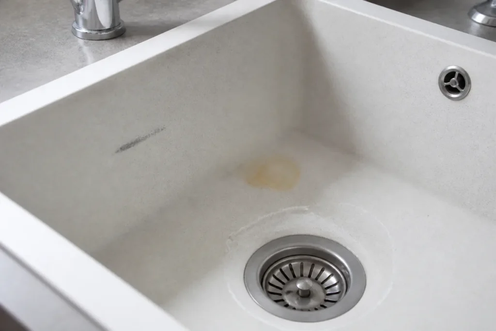 How to Clean a White Composite Sink the Right Way 3 Limescale ring, tea-coloured deposit and metal-transfer mark on a white composite sink
