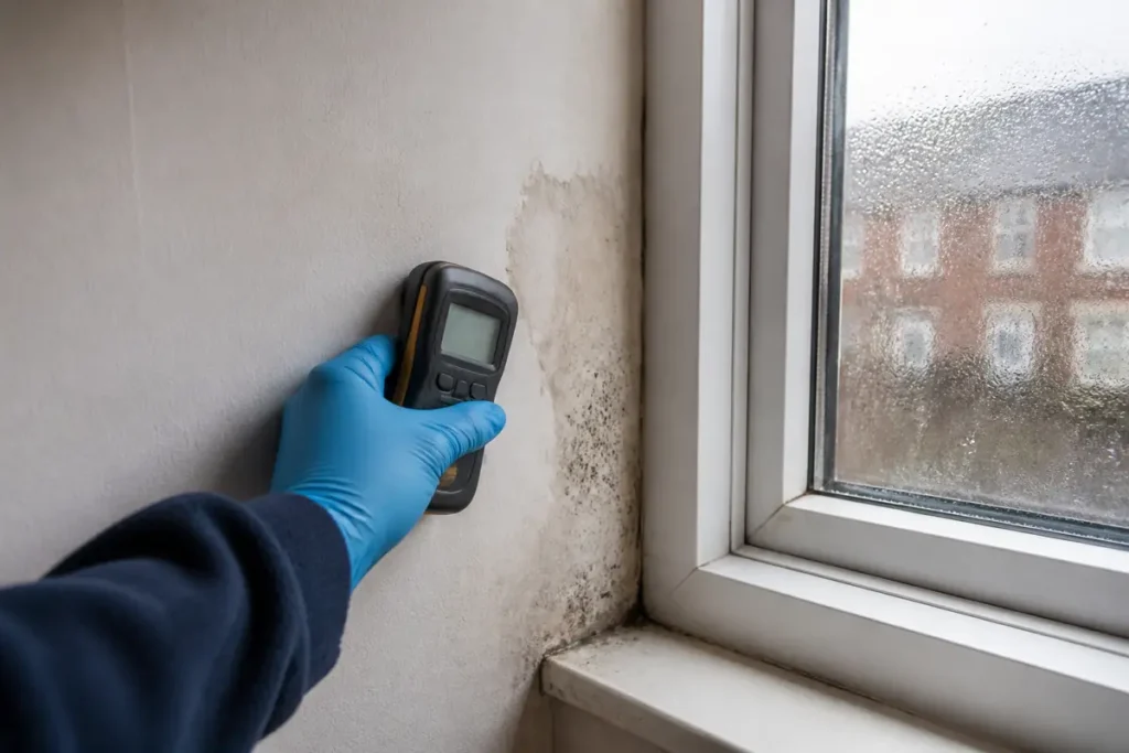 How to Get Rid of Damp Smells and Freshen Your Home 3 Gloved hand using a moisture meter beside a condensation-marked window to inspect a damp smell source