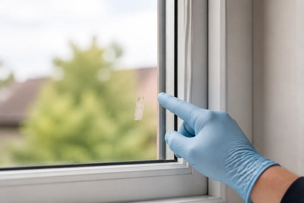 How to Remove Masking Tape Residue from Your Windows 4 Gloved hand checking masking-tape residue and the frame before cleaning a glass window