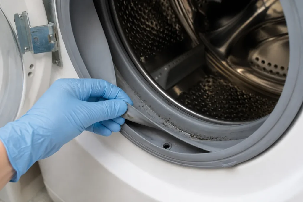 A Complete Guide to Cleaning Your Washing Machine’s Rubber Seal 4 Gloved hand inspecting mould and debris inside the folds of a washing-machine door seal