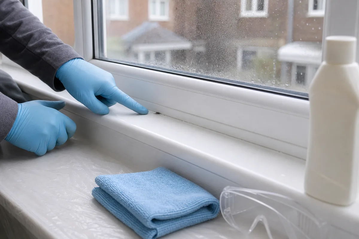 How to Remove Mould from Your Window Sills for Good 5 Gloved hands inspecting a small mould patch on a white uPVC window sill before cleaning