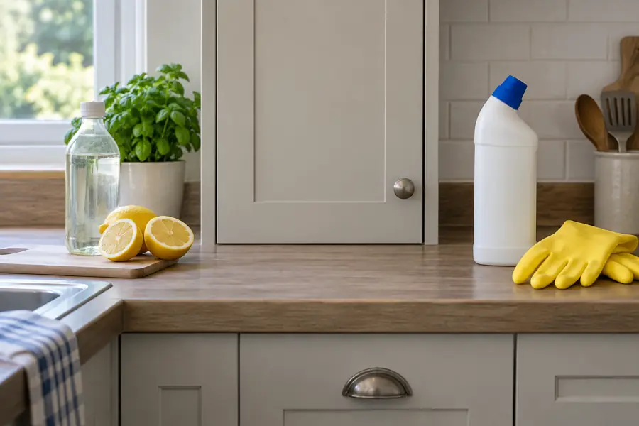 Why Mixing Bleach and Citrus Cleaners is Harmful to Your Family and Pets 3 Citric acid and bleach products kept physically separate on a kitchen worktop