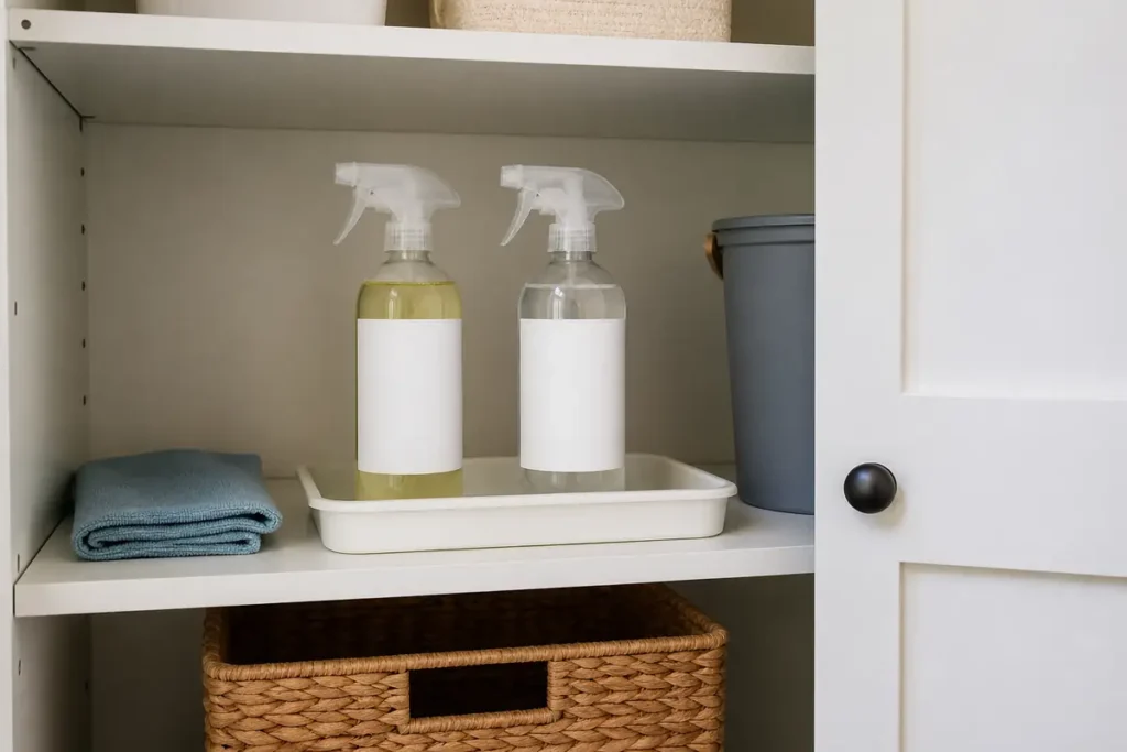 Do Homemade Cleaning Products Really Work? 6 Two homemade cleaning spray bottles stored upright in a tray away from food
