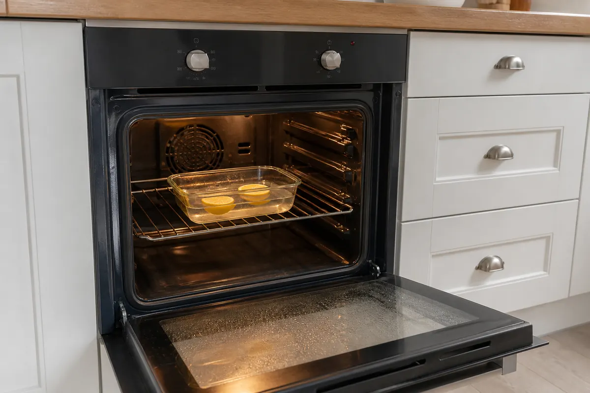 How to Clean Your Oven Using Lemons 3 Oven-safe glass dish with hot water and lemon halves on the centre oven rack