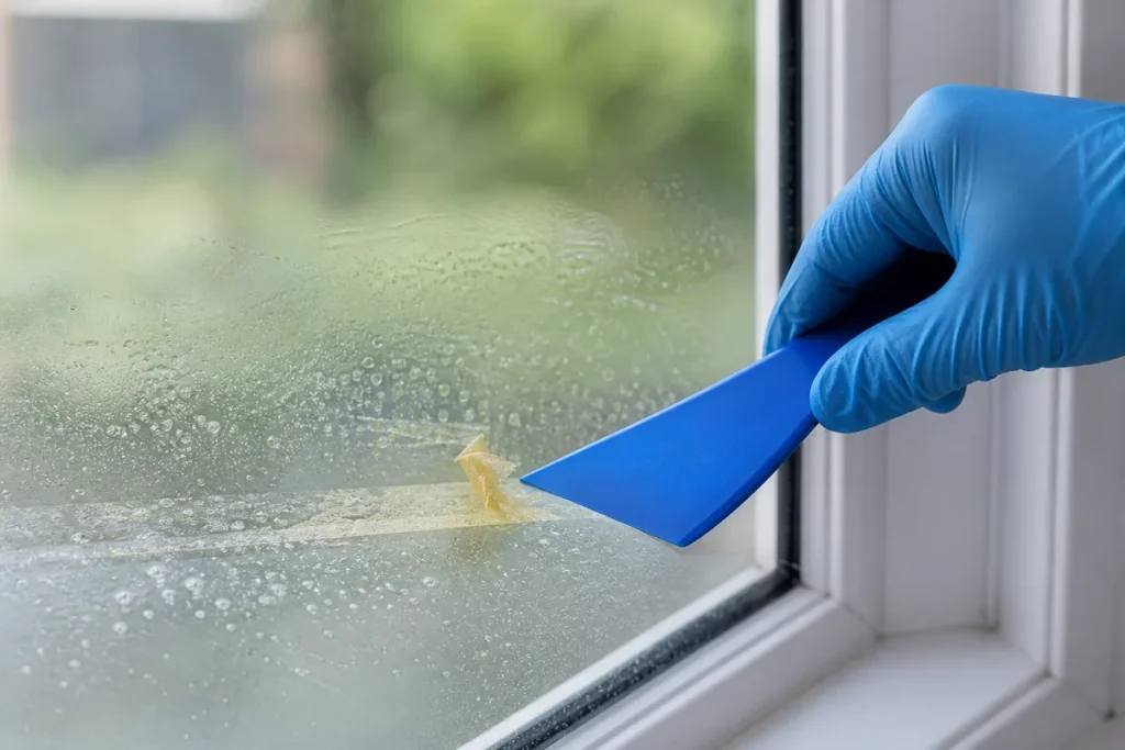 How to Remove Masking Tape Residue from Your Windows 6 Plastic scraper lifting softened adhesive from wet glass away from the window frame