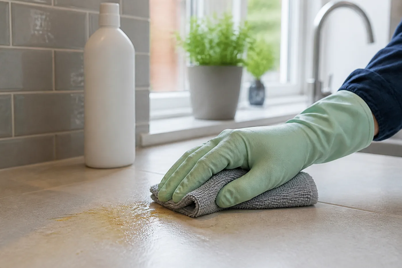 The Science of Cleaning: Understanding How Cleaning Products Work 4 Gloved hand using a microfibre cloth to lift grease from a washable worktop