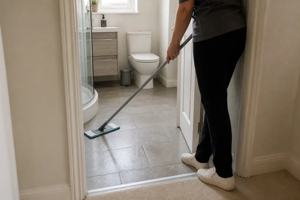 How to Clean Your Bathroom (Quickly) 6 Cleaner mopping the bathroom floor from the far corner towards the doorway