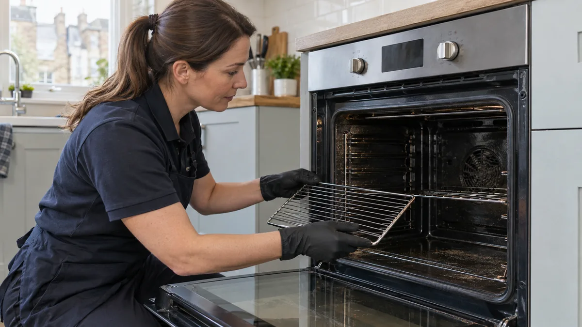 Cleaning Services Pricing in London: What Changes the Quote 11 Professional cleaner inspecting an open oven and its removable racks before pricing the cleaning work.