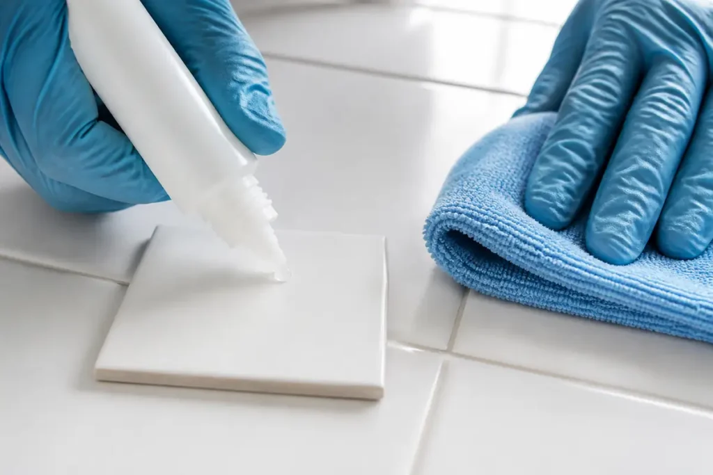 Do Homemade Cleaning Products Really Work? 5 Gloved hands patch-testing a homemade cleaner on a loose glazed ceramic tile