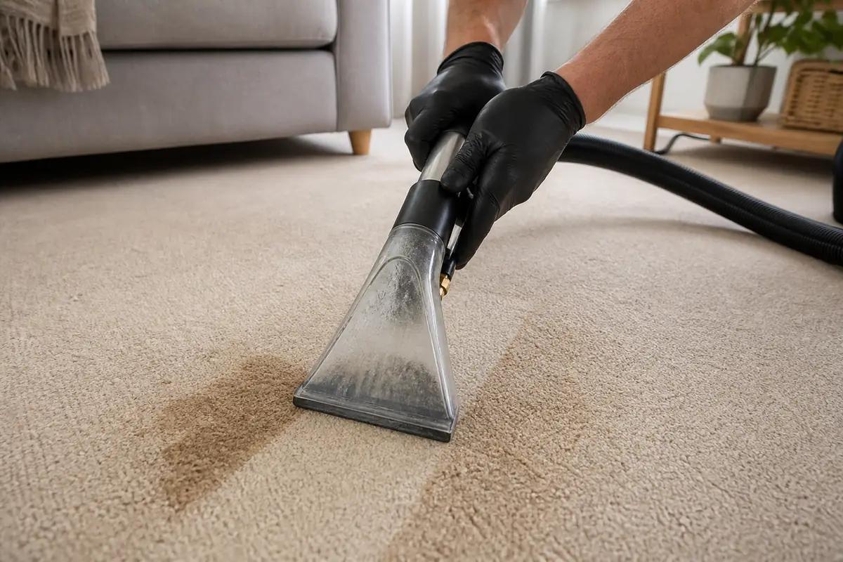 How to Remove Tea and Coffee Stains from Your Carpet 6 Professional extraction wand removing a coffee stain from a carpet
