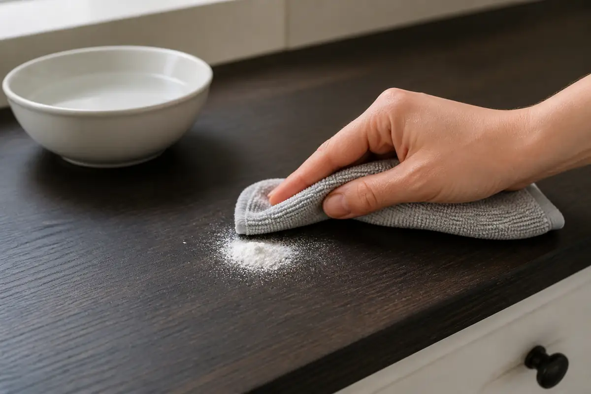 10 Surfaces You Should Never Clean with Baking Soda 4 A soft microfibre cloth lifting baking soda residue from a small test area on a dark finished surface.