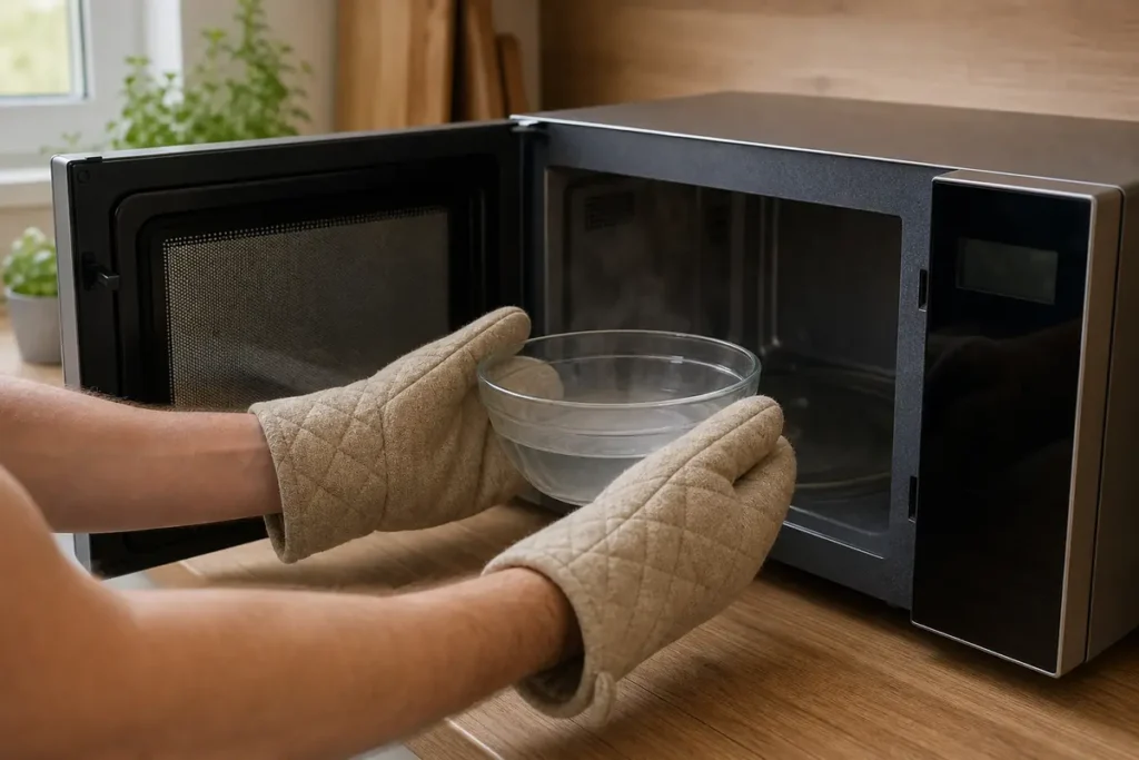 How to Clean Your Microwave Oven Without Breaking a Sweat (or the Bank) 6 Hot steam-cleaning bowl removed from a microwave with oven gloves
