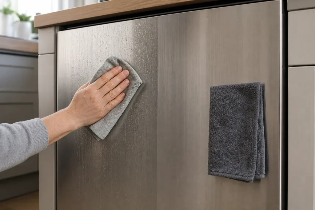 Cleaning Stainless Steel Splashbacks and Countertops 7 Separate cloths used to remove residue and dry a stainless-steel dishwasher front