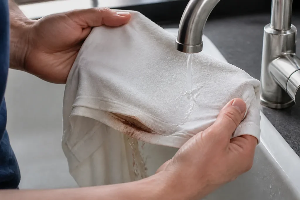 How to Remove Chocolate Stains from Clothes and Fabrics 5 Cool water passing through the reverse of a chocolate-stained cotton shirt