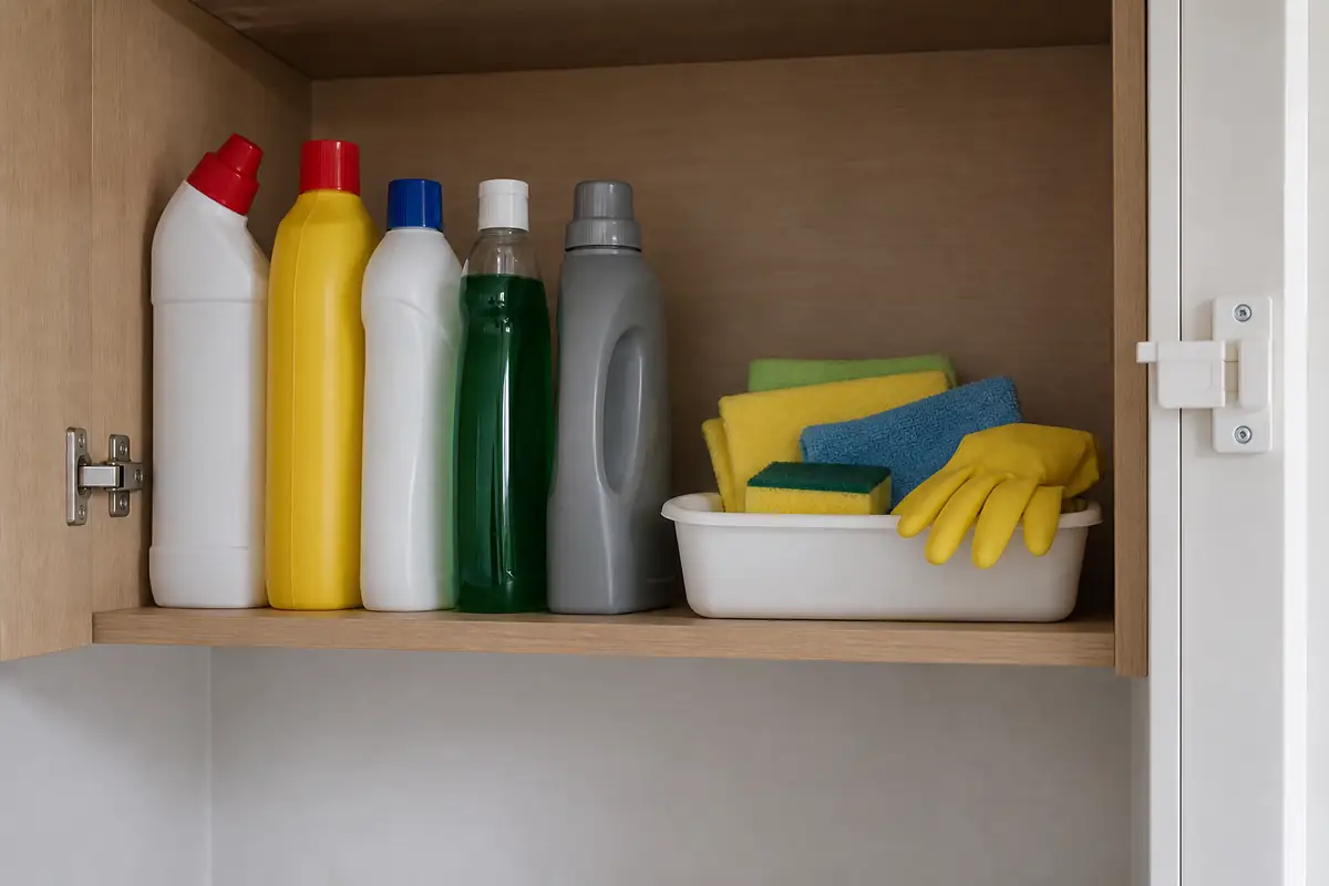 Essential Cleaning Products for Every Room in the House 4 Closed unbranded cleaning bottles stored upright apart from cloths, sponges and gloves