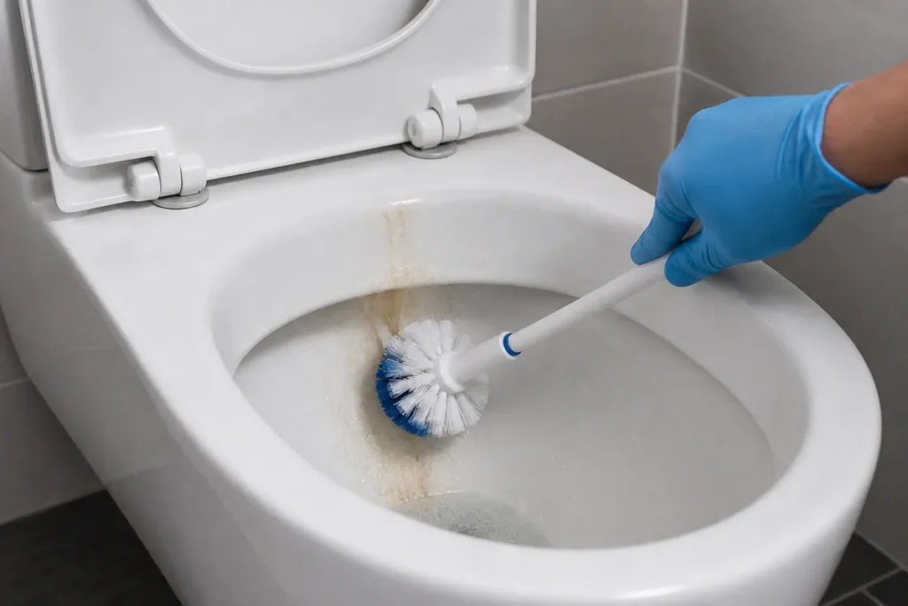 How to Clean a Badly Stained Toilet with Eco-Friendly Methods 4 Nylon toilet brush scrubbing a wet vertical stain inside a white toilet bowl