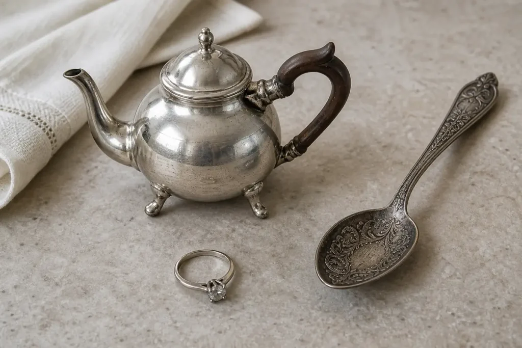 10 Easy Ways to Clean Silver at Home Without Scratching it 5 Silver-coloured teapot with a wooden handle, stone-set ring and ornate spoon with dark patina