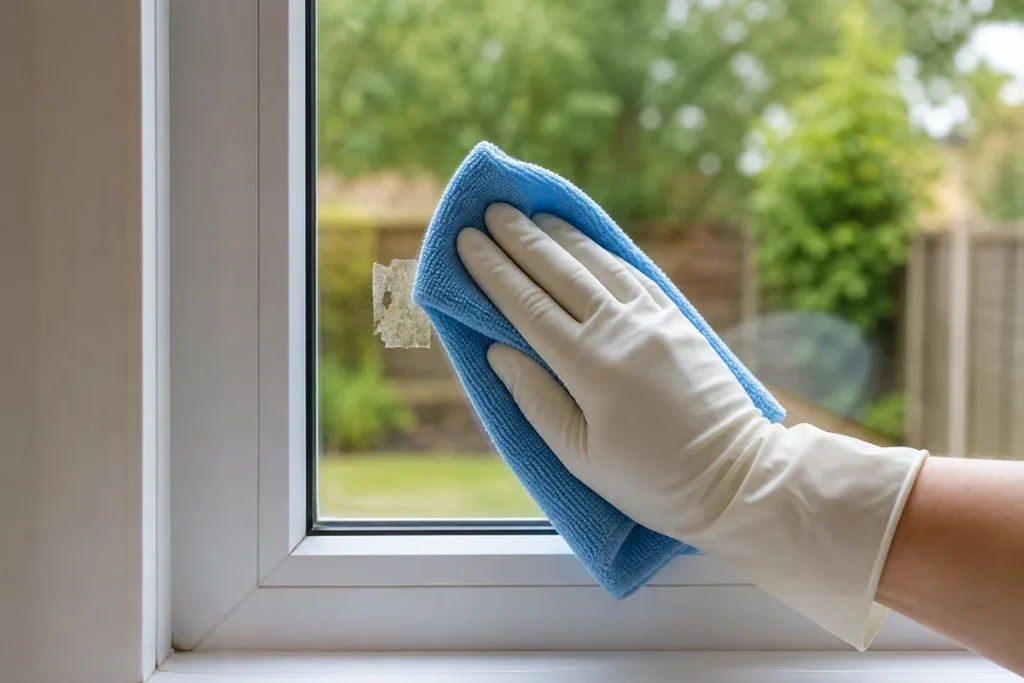 How to Remove Masking Tape Residue from Your Windows 5 Warm damp microfibre cloth softening adhesive residue on a glass window