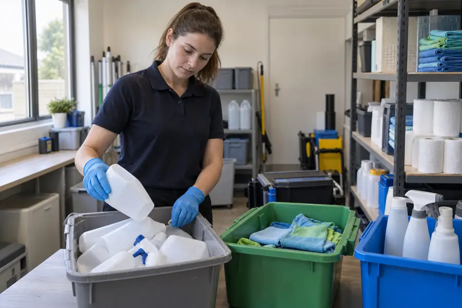 Sustainable Waste Management in Cleaning: A Practical System 4 Cleaner separating empty containers from reusable microfibre cloths in a storeroom