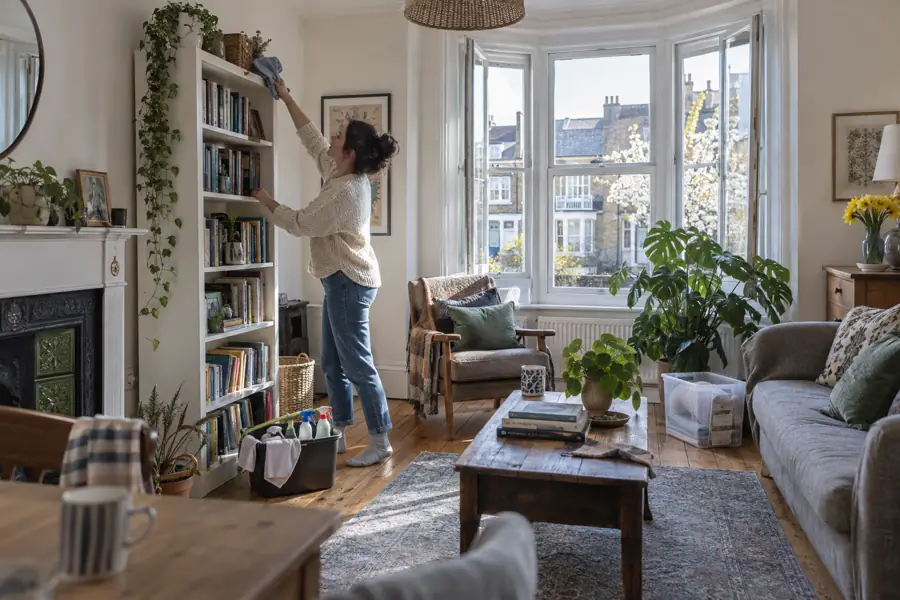 Everything You Need to Know About Spring Cleaning: History, Traditions & Benefits 4 High dusting during spring cleaning in a lived-in London home
