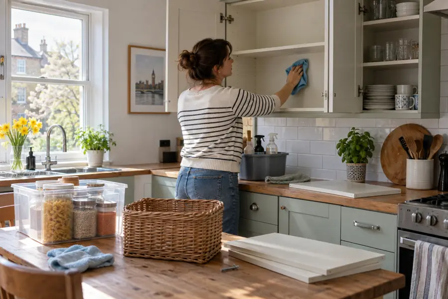 Everything You Need to Know About Spring Cleaning: History, Traditions & Benefits 6 Cleaning the inside of kitchen cupboards during a seasonal home reset