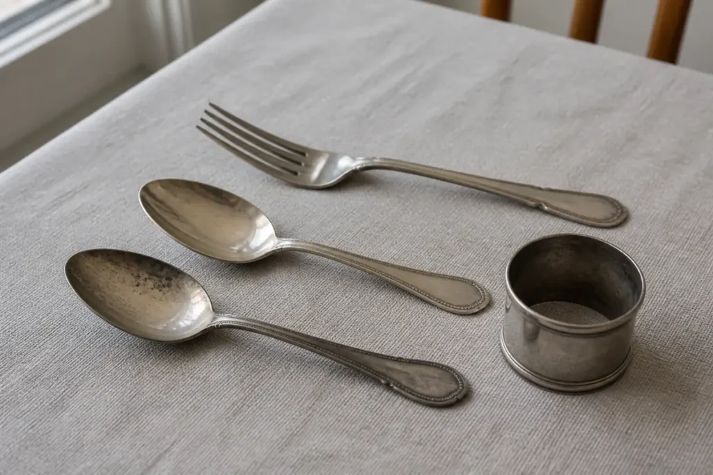 10 Easy Ways to Clean Silver at Home Without Scratching it 4 Plain household silver cutlery and a napkin ring showing different levels of tarnish
