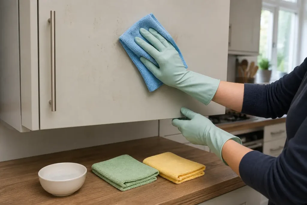 The Easy Way to Clean the Kitchen Cupboards 5 Three microfibre cloths used to clean, rinse and dry a kitchen cupboard door