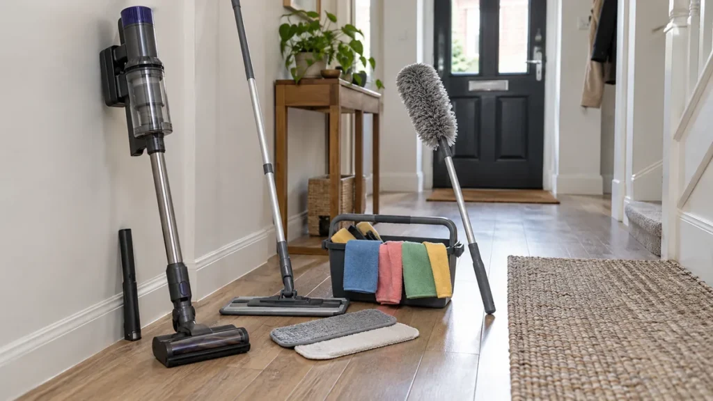 7 Time-Saving Cleaning Tools That Make Cleaning Easier 4 Cordless vacuum, flat mop, extendable duster, microfibre cloths and a compact cleaning caddy arranged in a hallway.