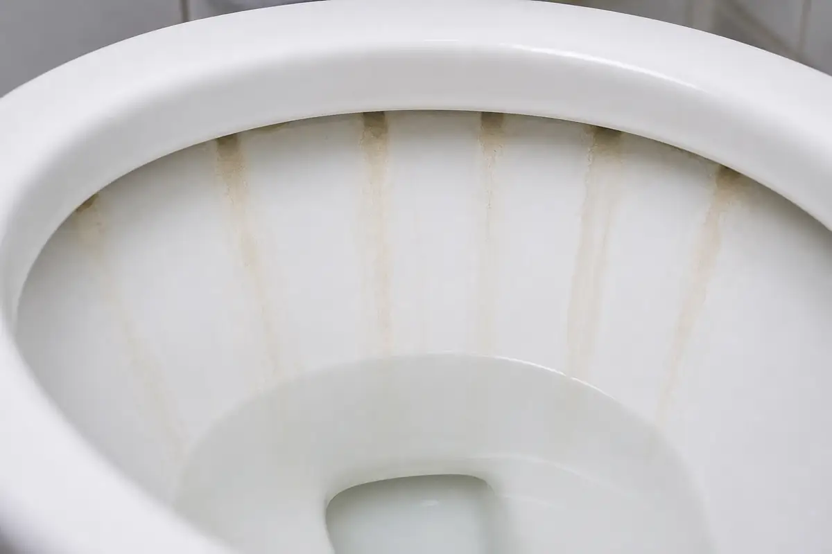 Can You Use Coke for Cleaning Toilets? 4 Vertical mineral streaks following water flow inside a white toilet bowl