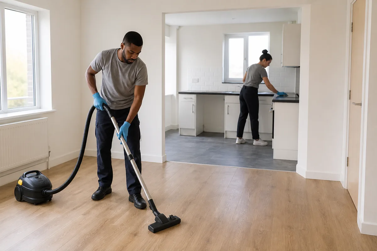 How Long Does End of Tenancy Cleaning in London Really Take? 6 Two cleaners working in separate areas of an empty flat during an end of tenancy clean