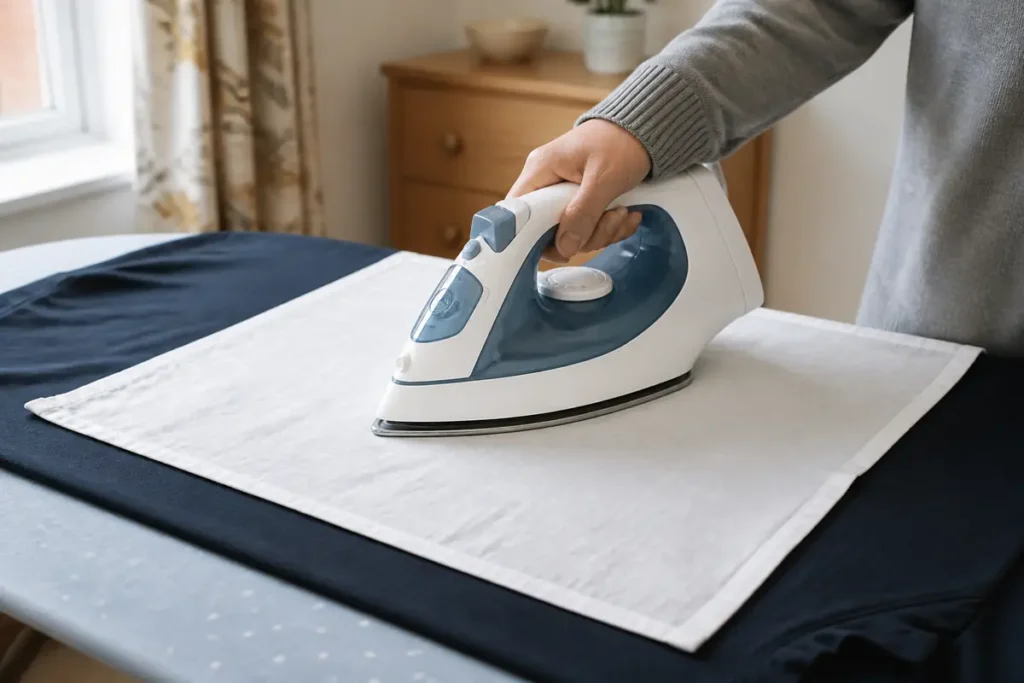 How to Clean Your Burnt Iron with (Mostly) Natural Products 6 Clean cotton press cloth protecting fabric beneath a household iron