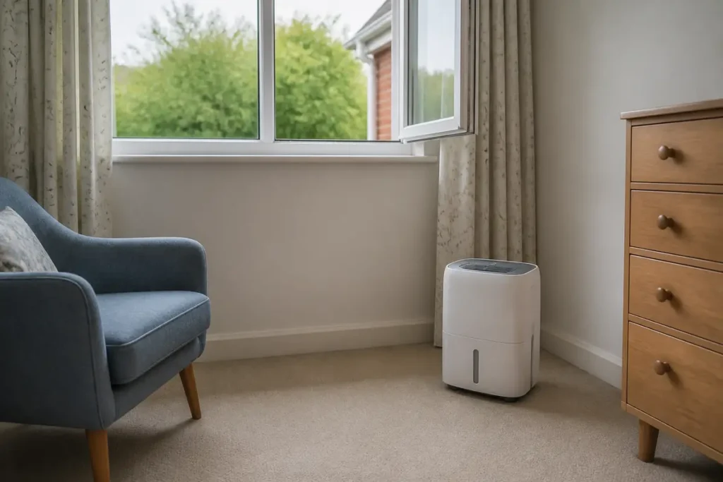 How to Get Rid of Damp Smells and Freshen Your Home 4 British room ventilated through an open window with furniture spaced from the wall and a dehumidifier drying the air